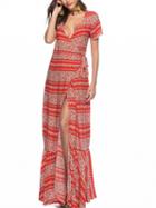 Choies Red Plunge Print Detail Tie Waist Thigh Split Front Maxi Dress