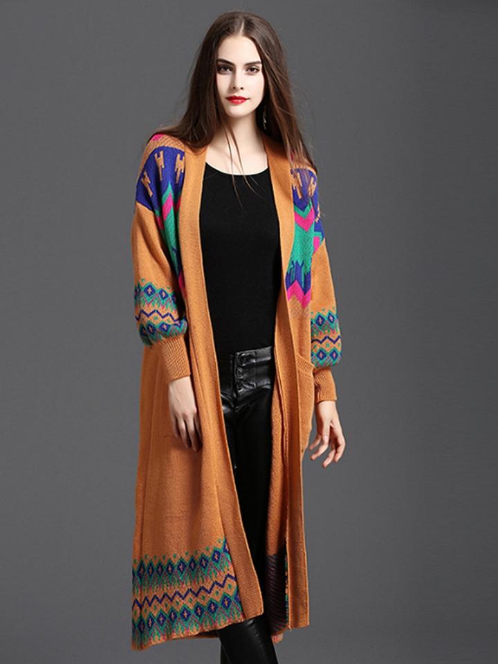 Choies Yellow Open Front Geo Pattern Longline Cardigan
