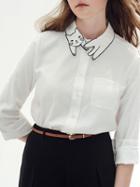 Choies White Cat Pattern Collar Pocket Detail Long Sleeve Shirt