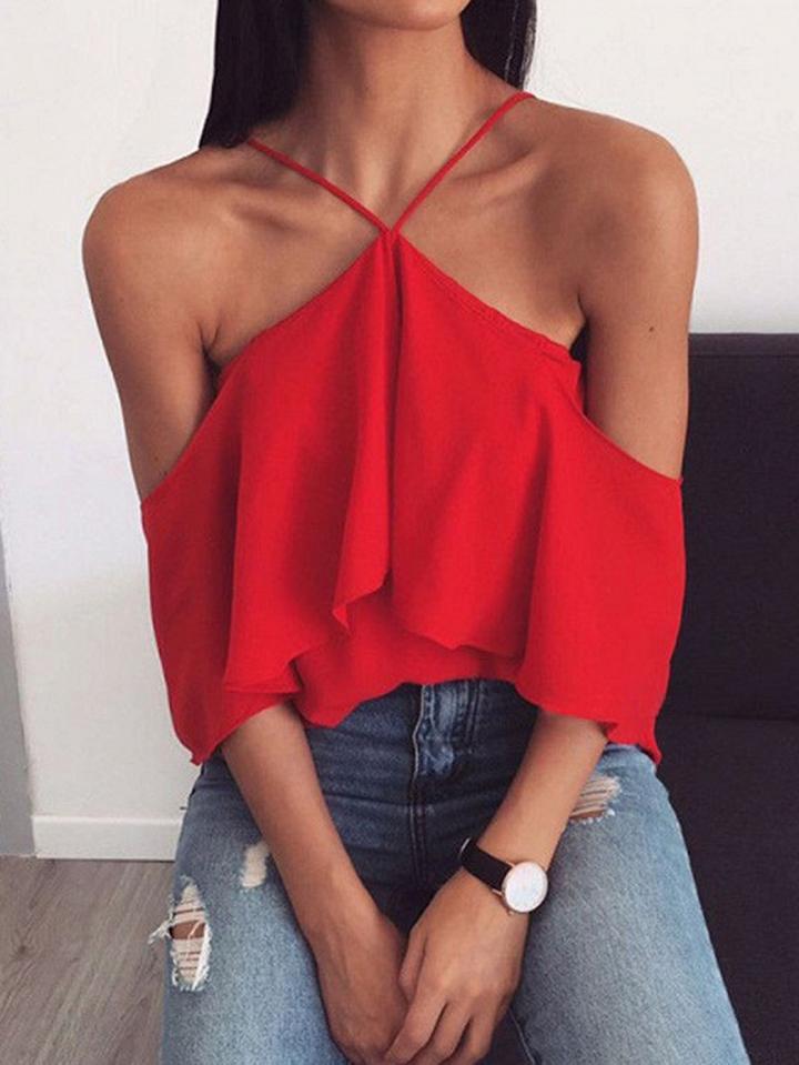 Choies Red Halter Cold Shoulder Ruffle Trim Blouse