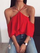 Choies Red Halter Cold Shoulder Ruffle Trim Blouse