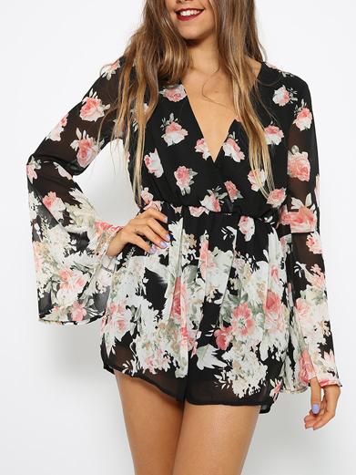 Choies Floral V Neck Chiffon Flare Sleeve Romper Playsuit