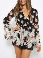 Choies Floral V Neck Chiffon Flare Sleeve Romper Playsuit
