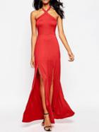 Choies Red Halter Thigh Split Detail Open Back Maxi Dress