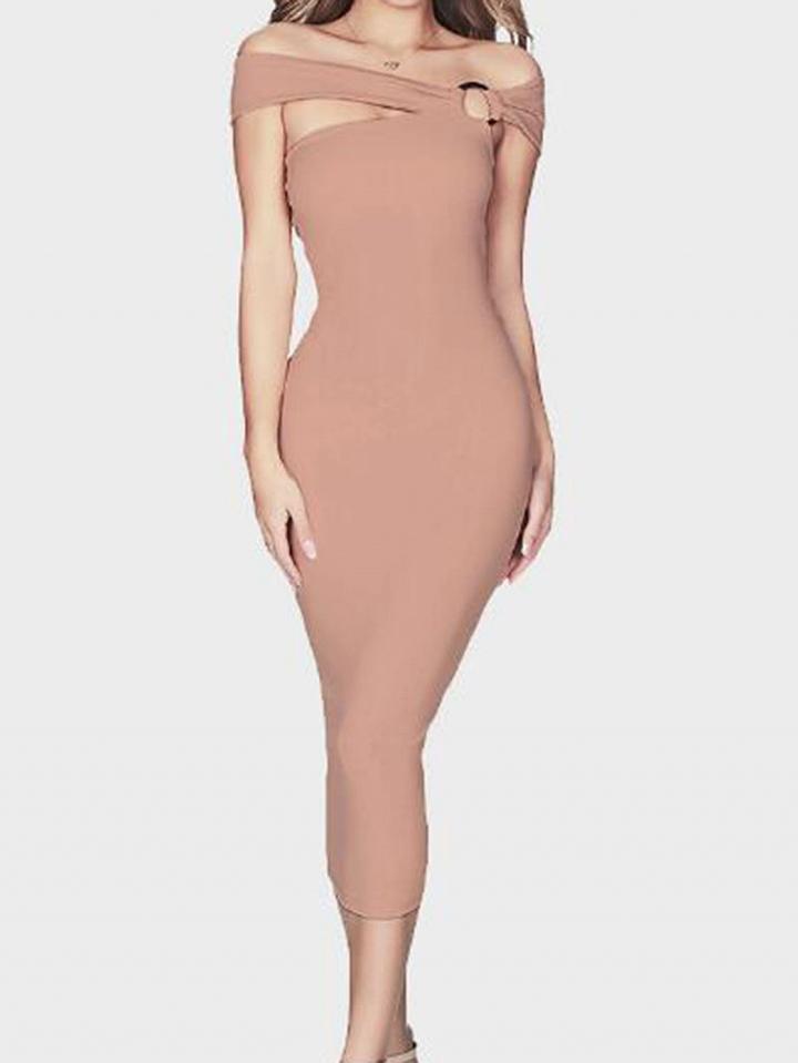 Choies Beige Buckle Strap Sleeveless Chic Women Bodycon Midi Dress