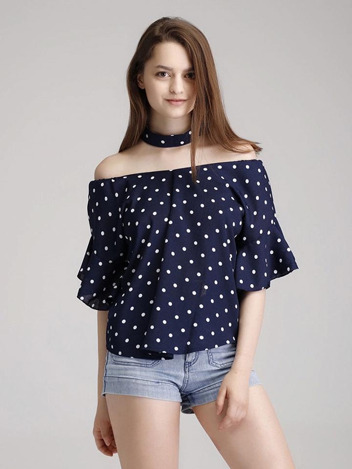 Choies Blue Off Shoulder Choker Neck Polka Dot Blouse