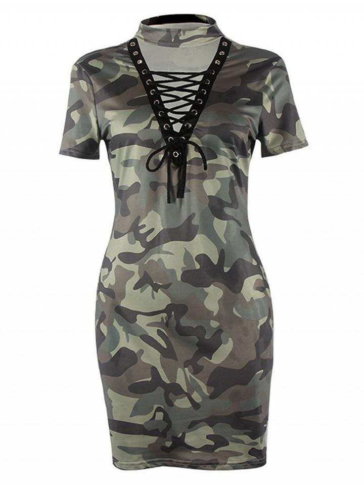 Choies Green Camo Choker Lace-up Front Bodycon Dress