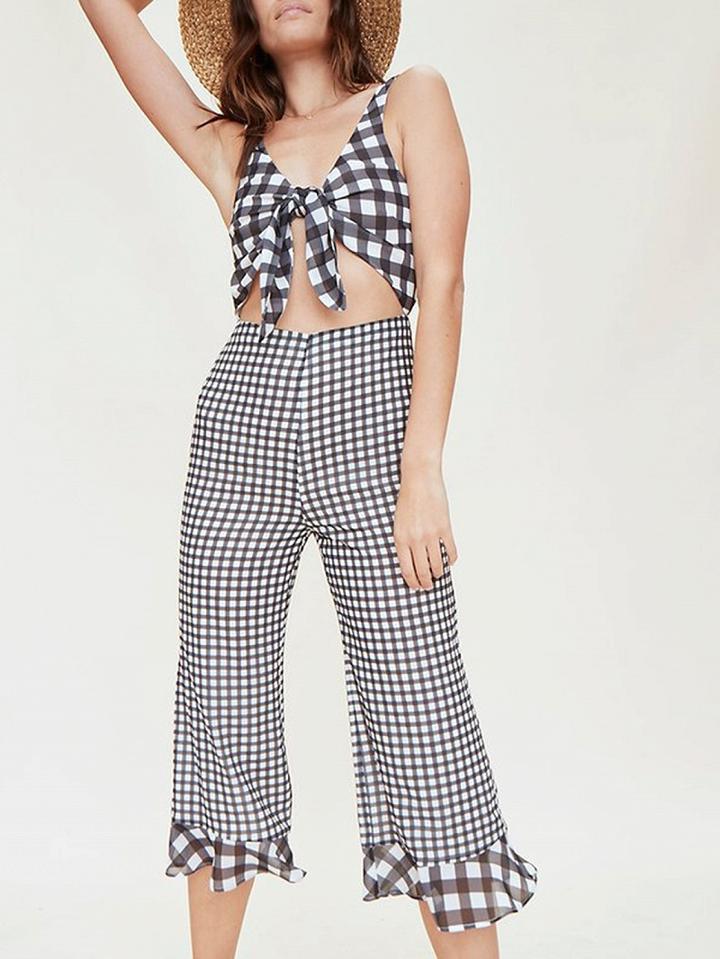 Choies Black Plaid Plunge Tie Front Open Back Chic Women Jumpsuit