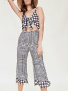 Choies Black Plaid Plunge Tie Front Open Back Chic Women Jumpsuit