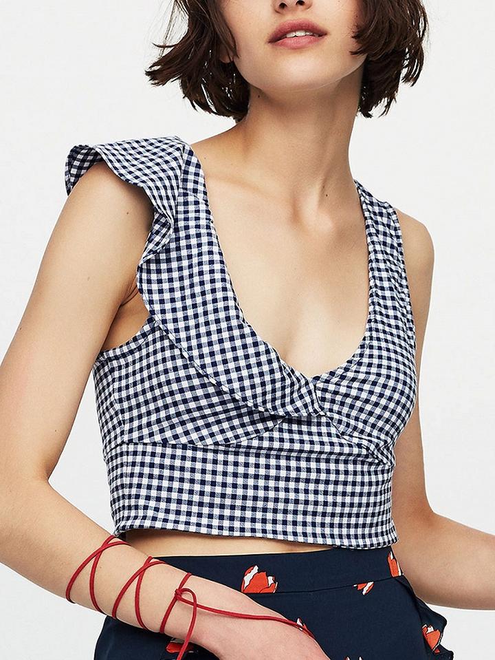 Choies Monochrome Gingham Asymmetric Ruffle Sleeveless Crop Top