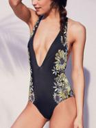 Choies Black Plunge Floral Print Swimsuit