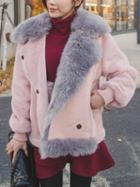 Choies Pink Lapel Suedette Panel Faux Fur Coat