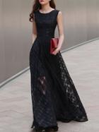 Choies Black Plaid Print Organza Skater Maxi Dress