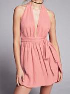 Choies Pink Cotton Blend Halter Plunge Tie Waist Open Back Mini Dress