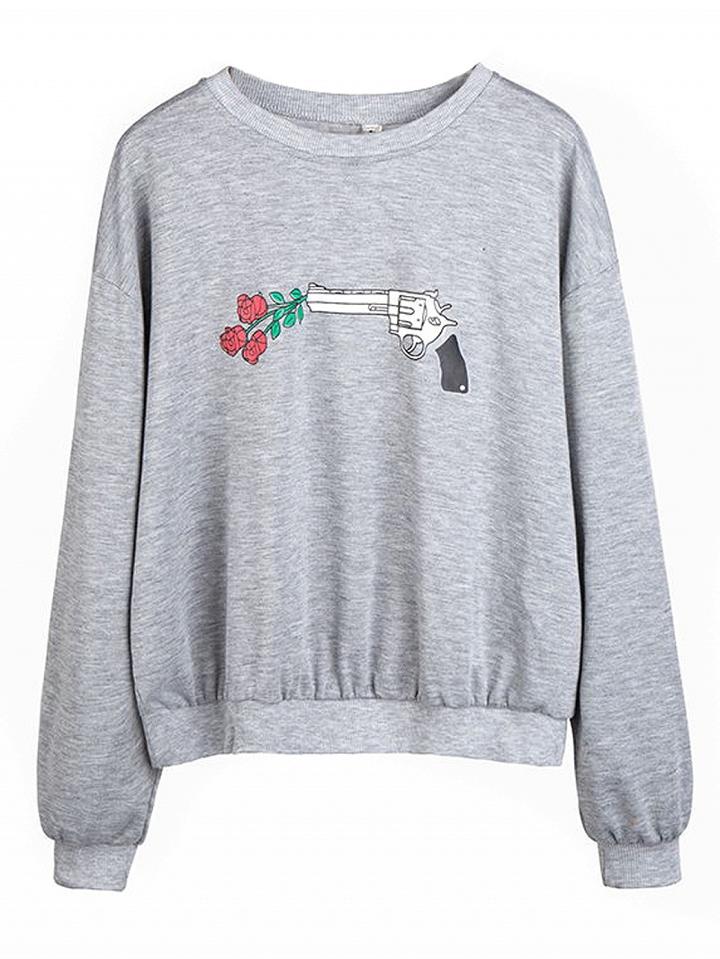 Choies Gray Print Rose Detail Long Sleeve Sweatshirt