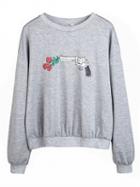 Choies Gray Print Rose Detail Long Sleeve Sweatshirt