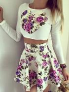 Choies White Floral Print Long Sleeve Top And High Waist Skater Skirt