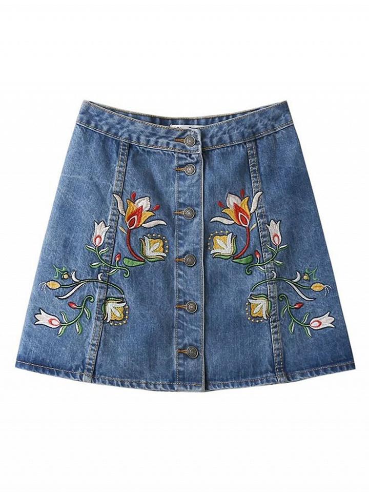 Choies Blue High Waist Embroidery Floral A-line Denim Skirt