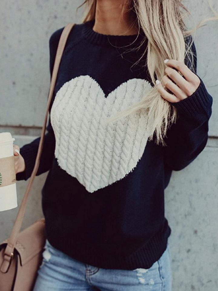 Choies Dark Blue Heart Detail Long Sleeve Chic Women Knit Sweater