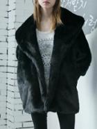 Choies Black Lapel Open Front Faux Fur Coat
