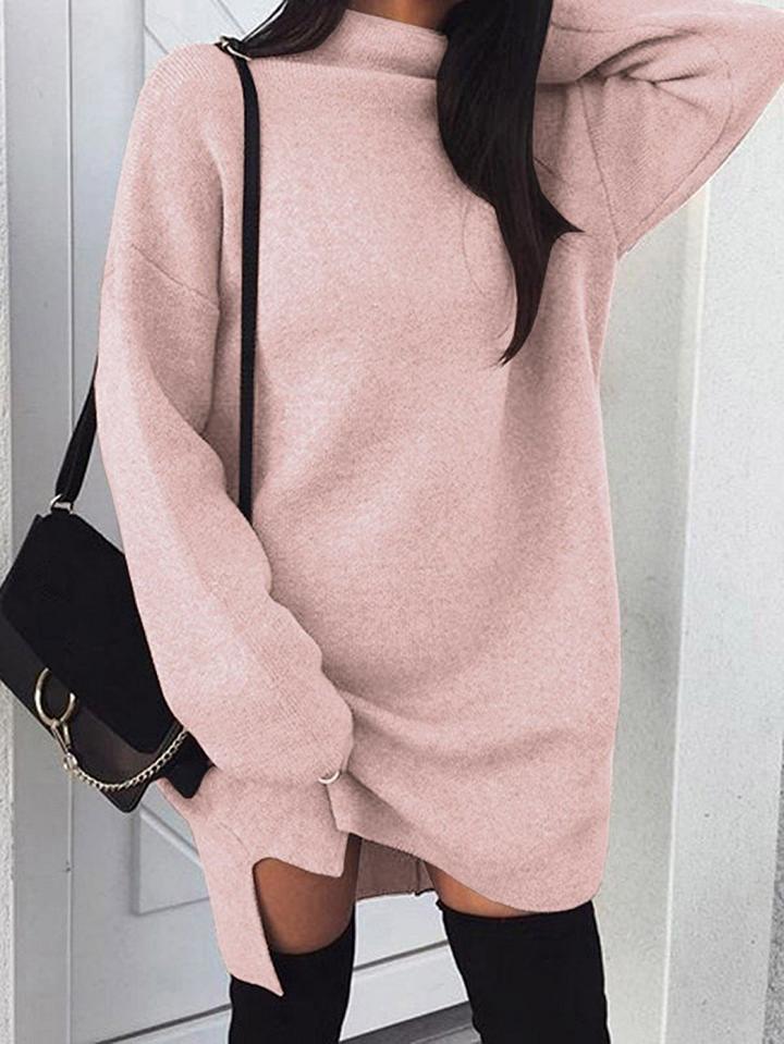 Choies Pink Cotton Blend High Neck Long Sleeve Women Mini Dress