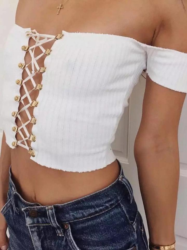 Choies White Cotton Off Shoulder Lace Up Front Chic Women Crop Top