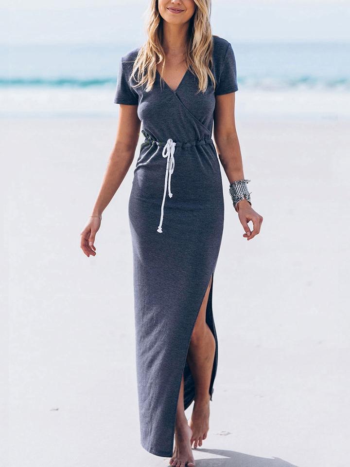 Choies Blue V-neck Drawstring Waist Thigh Split Side Chic Women Maxi Dress