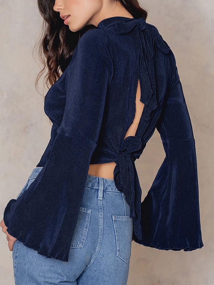 Choies Blue Velvet Open Back Tie Detail Flare Sleeve Cropped Blouse