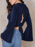 Choies Blue Velvet Open Back Tie Detail Flare Sleeve Cropped Blouse