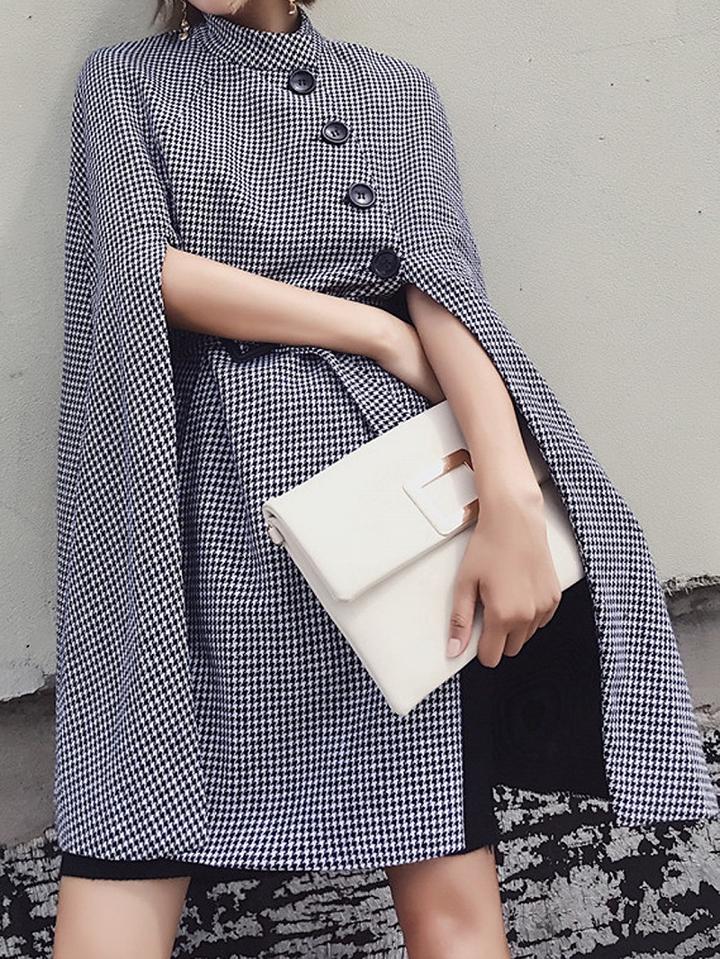 Choies Black Houndstooth Side Button Tie Waist Cape Coat