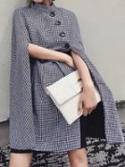 Choies Black Houndstooth Side Button Tie Waist Cape Coat