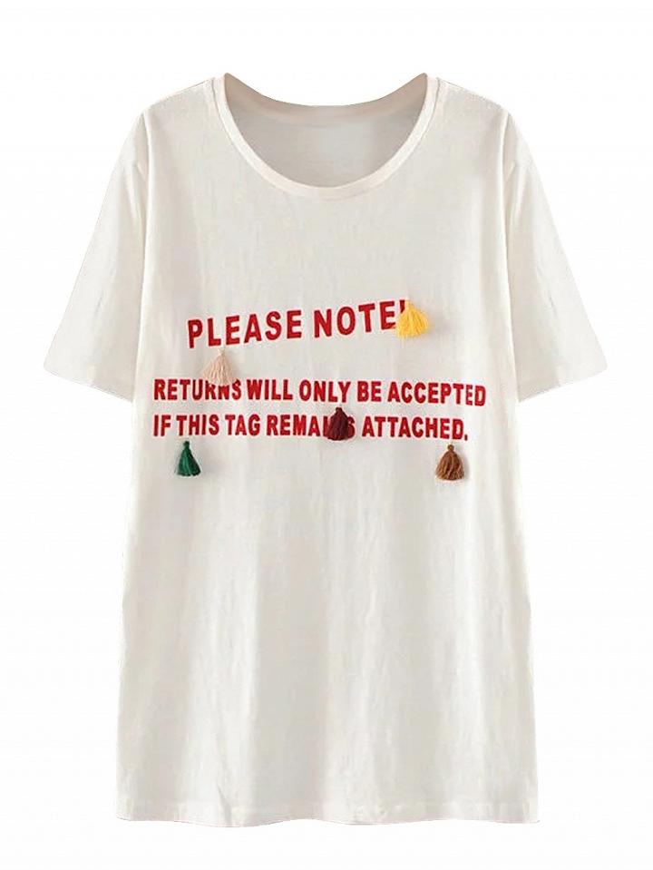 Choies White Text Print Tassel Detail Short Sleeve T-shirt