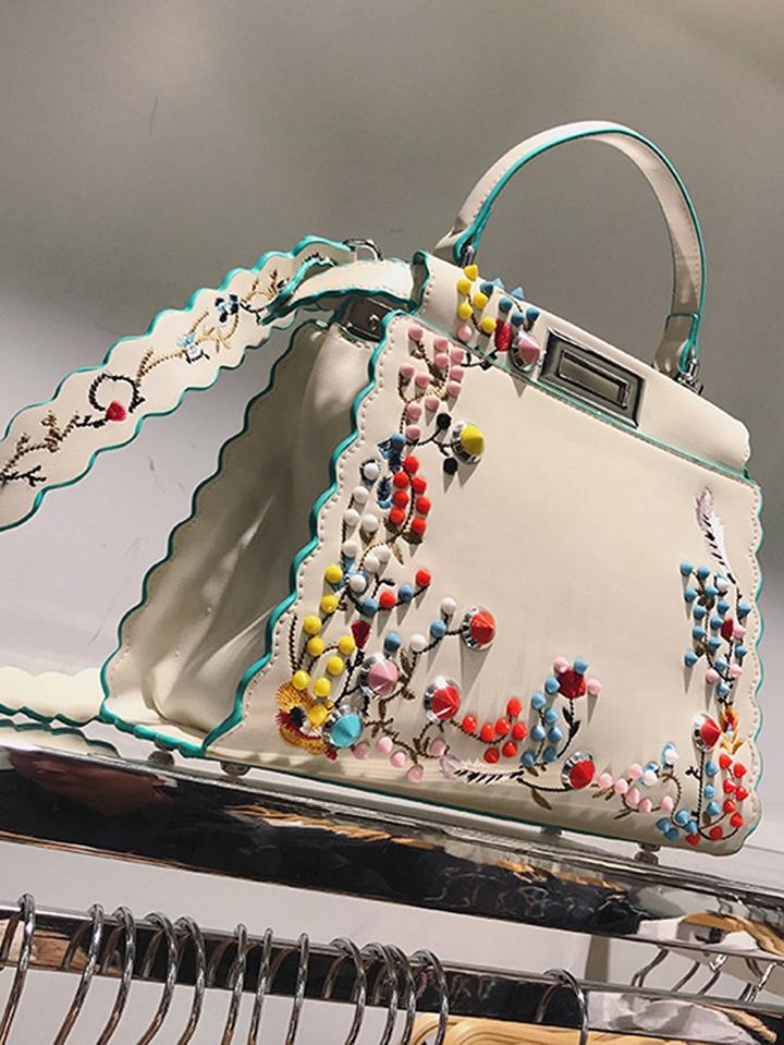 Choies White Pu Embroidery Detail Stud Embellished Chic Women Shoulder Bag