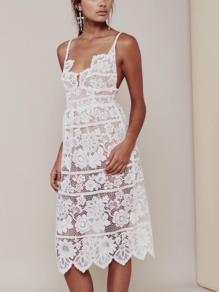 Choies White V-neck Spaghetti Strap Open Back Asymmetric Hem Lace Dress