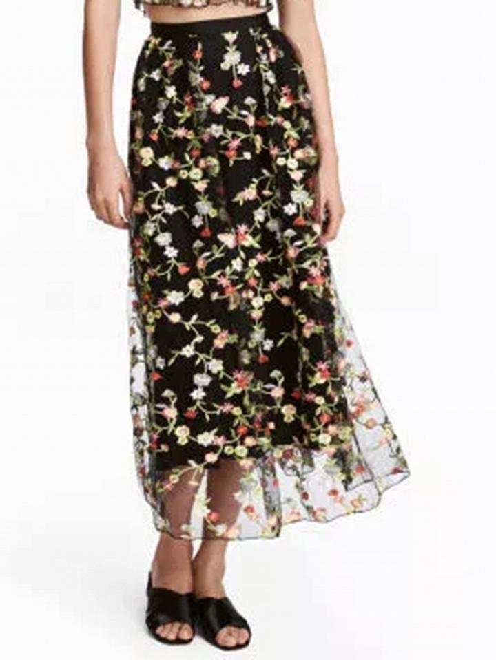 Choies Black High Waist Embroidery Floral Mesh Midi Skirt