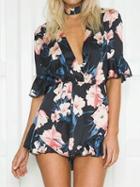 Choies Black V-neck Floral Choker Detail Ruffle Sleeve Romper Playsuit