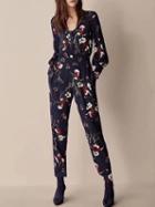 Choies Blue V-neck Lace Panel Floral Print Long Sleeve Jumpsuit