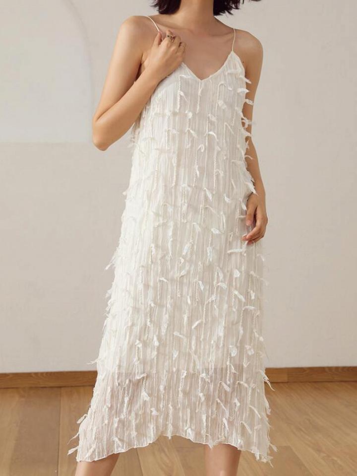 Choies White V-neck Tassel Detail Chic Women Cami Midi Dress