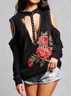 Choies Black Plunge V-neck Cold Shoulder Embroidery Flower Hoodie