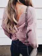 Choies Pink Beaded Detail Open Back Long Sleeve Knit Sweater