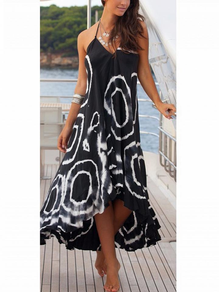 Choies Black Halter V-neck Circle Print Open Back Hi-lo Maxi Dress