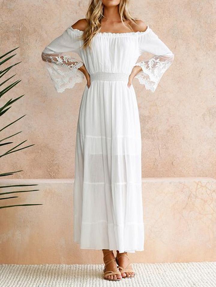 Choies White Off Shoulder Lace Panel Long Sleeve Maxi Dress