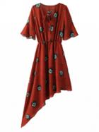 Choies Multicolor Floral V-neck Tie Front Ruffle Sleeve Asymmetric Dress