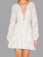 Choies White Plunge Lace Up Detail Long Sleeve Chic Women Lace Mini Dress