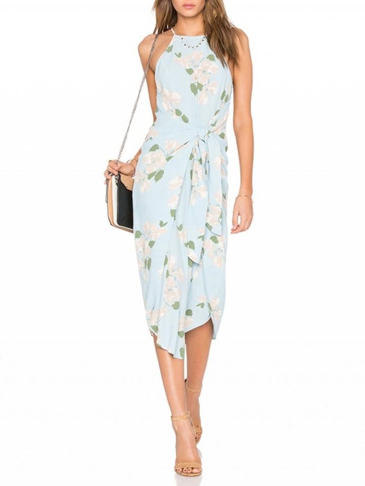 Choies Blue Floral Print Knot Front Cami Midi Dress