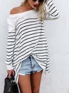 Choies White Stripe Cotton Long Sleeve Chic Women Blouse