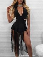 Choies Black Plunge Cross Strap Back Tassel Hem Midi Dress