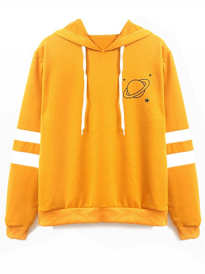 Choies Yellow Stripe Drawstring Planet Print Hoodie