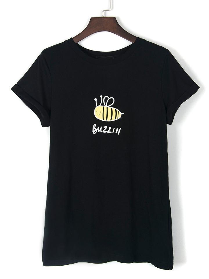 Choies Black Bee And Letter Print Short Sleeve T-shirt