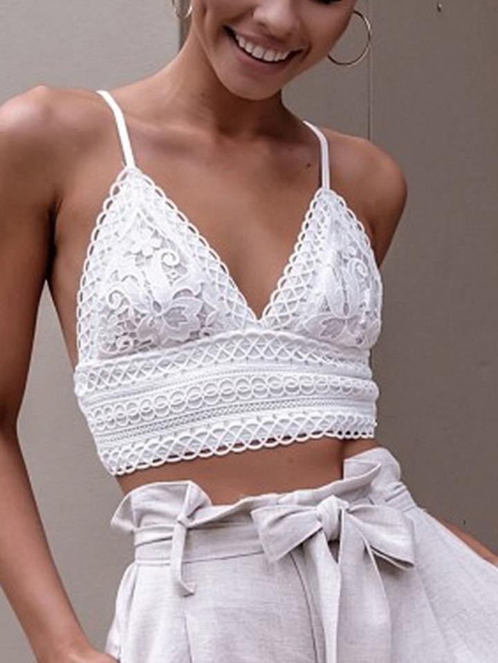 Choies White V-neck Tie Detail Open Back Crop Cami Top